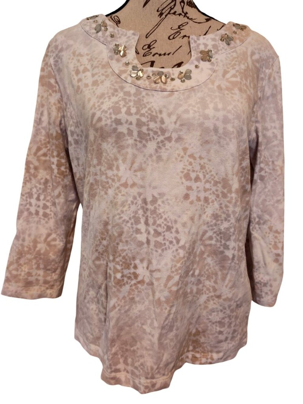 Hearts Of Palm Beaded Embellished Top Beige Animal Print 3/4 Sleeve M